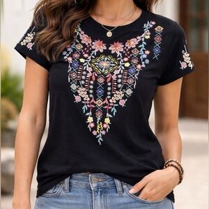 DRIFTWOOD Black Tee with Colorful Floral Embroidery
